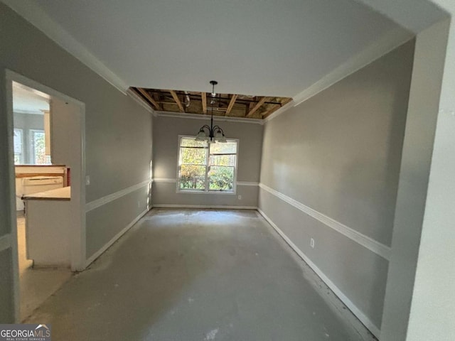 unfurnished dining area with a notable chandelier