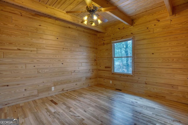 unfurnished room with beamed ceiling, light hardwood / wood-style flooring, ceiling fan, and wooden walls