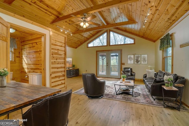 236 William Branch Rd, Morganton, GA 30560 - living area featuring a ceiling fan, wood ceiling, wood-type flooring, and french doors