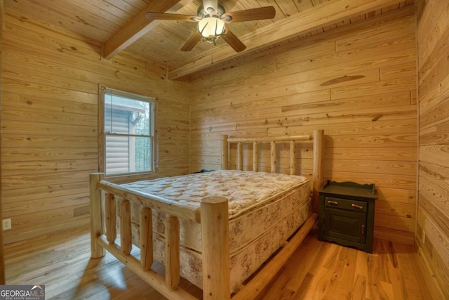 bedroom with wooden ceiling, wooden walls, ceiling fan, light wood-type flooring, and beamed ceiling