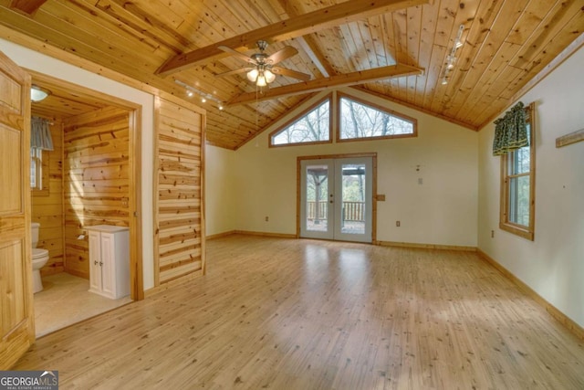 236 William Branch Rd, Morganton, GA 30560 - unfurnished living room with baseboards, wooden ceiling, french doors, and light wood finished floors