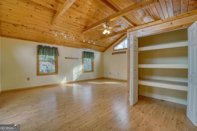 bonus room featuring vaulted ceiling with beams, ceiling fan, wood ceiling, and light hardwood / wood-style flooring