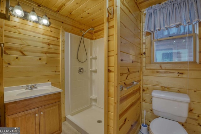 bathroom with walk in shower, vanity, wooden walls, wooden ceiling, and toilet