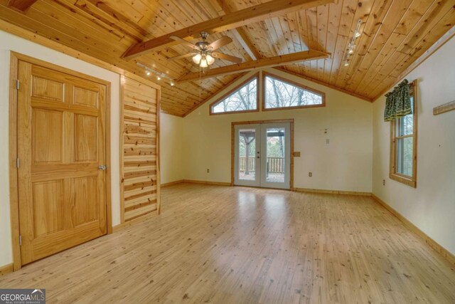 236 William Branch Rd, Morganton, GA 30560 - unfurnished living room with wood finished floors, baseboards, ceiling fan, wood ceiling, and french doors