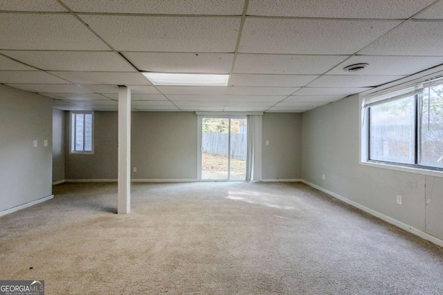 basement featuring a paneled ceiling, light colored carpet, and a healthy amount of sunlight