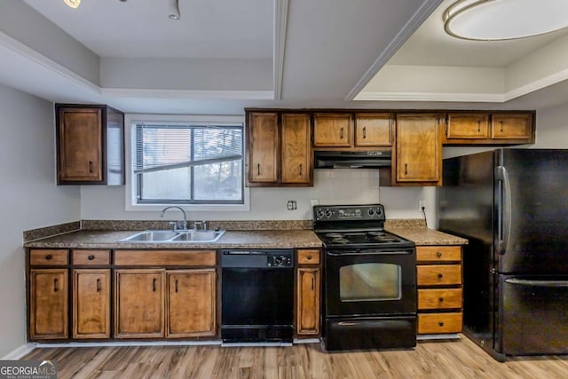 kitchen with sink, a tray ceiling, light hardwood / wood-style floors, and black appliances