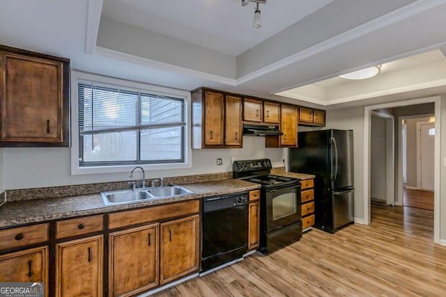 kitchen featuring sink, light hardwood / wood-style floors, a raised ceiling, and black appliances