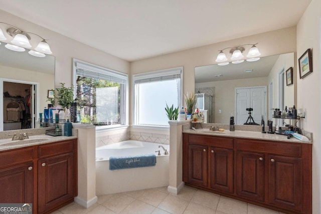 bathroom with tile patterned flooring, vanity, and plus walk in shower