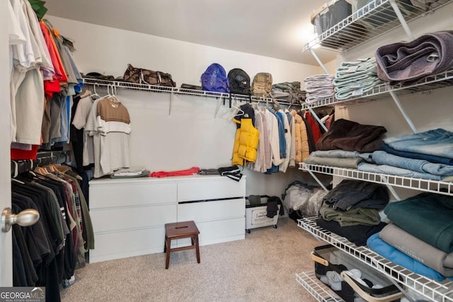 walk in closet featuring light colored carpet