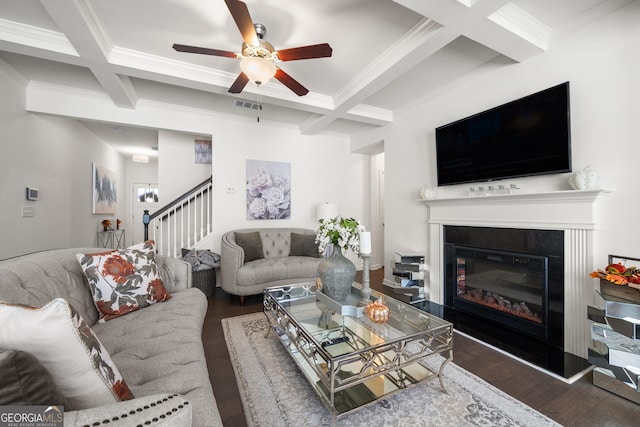 living room with beamed ceiling, dark wood-type flooring, and coffered ceiling