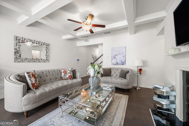 living room with dark hardwood / wood-style floors, beam ceiling, ceiling fan, and coffered ceiling