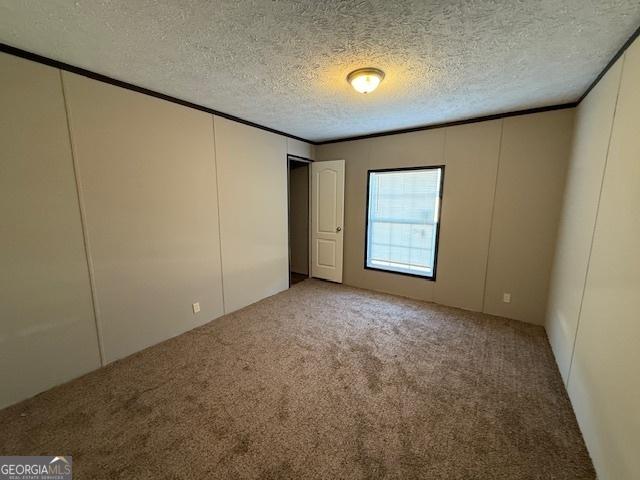 unfurnished bedroom with a textured ceiling and carpet floors