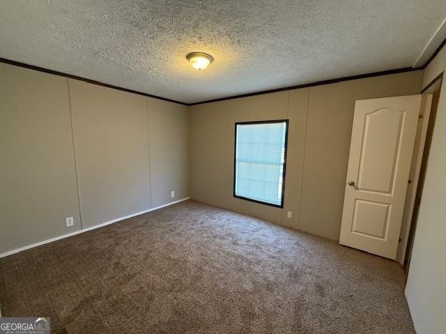 empty room with crown molding, carpet, and a textured ceiling