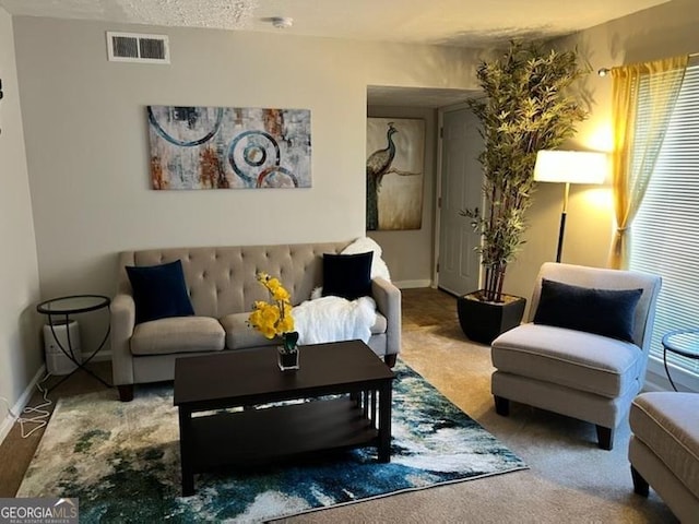 carpeted living room with a healthy amount of sunlight and a textured ceiling