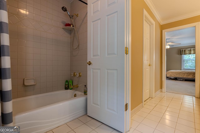 bathroom with tile patterned floors, shower / bath combo, ceiling fan, and crown molding