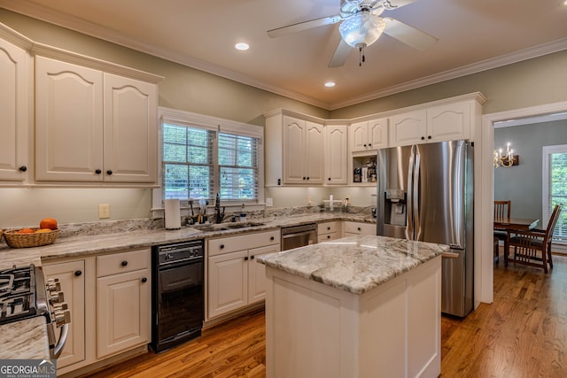 kitchen with stainless steel appliances, plenty of natural light, light hardwood / wood-style floors, and sink