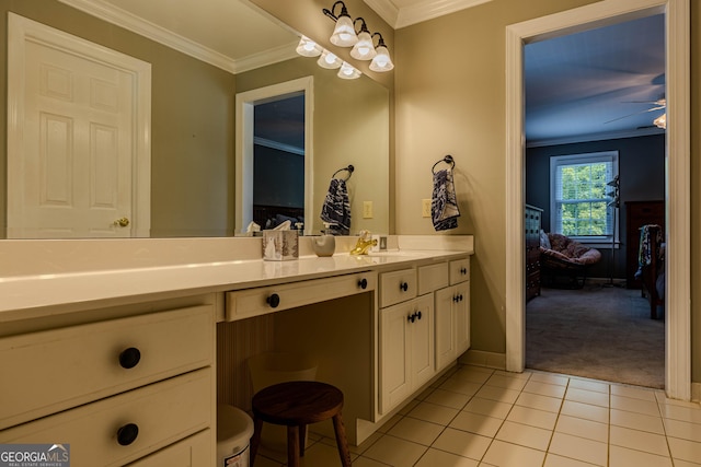 bathroom with vanity, tile patterned floors, ceiling fan, and crown molding