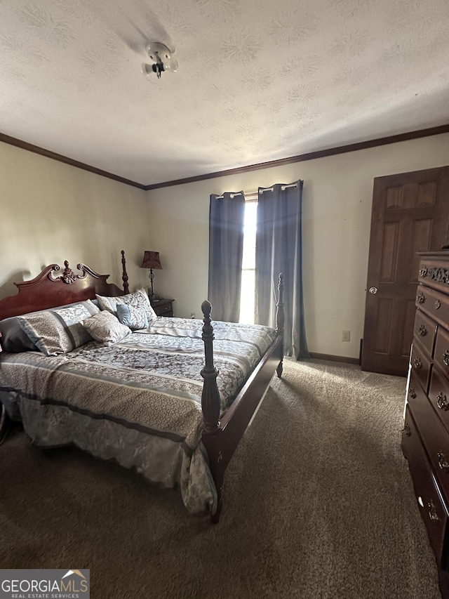 carpeted bedroom with crown molding and a textured ceiling