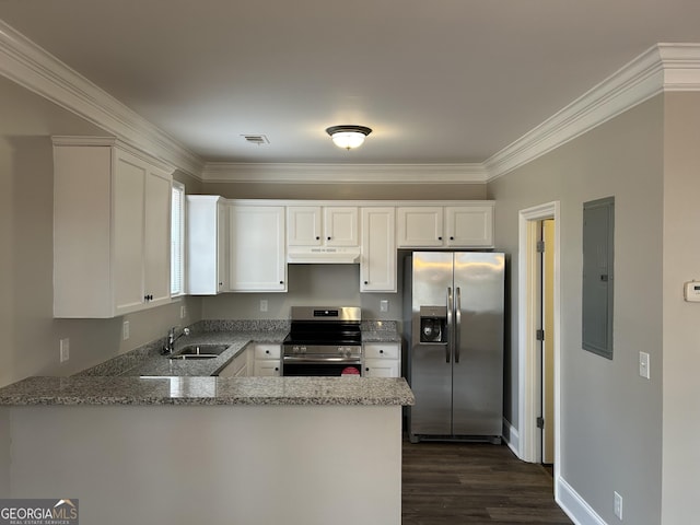 kitchen featuring sink, kitchen peninsula, light stone counters, white cabinetry, and stainless steel appliances