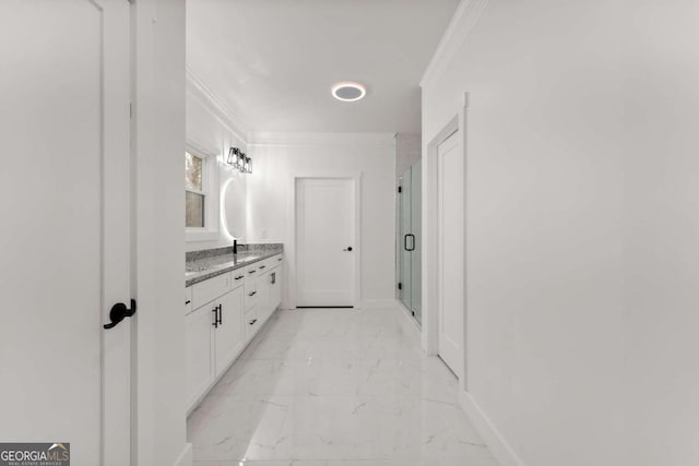 bathroom featuring vanity, a shower with shower door, and crown molding