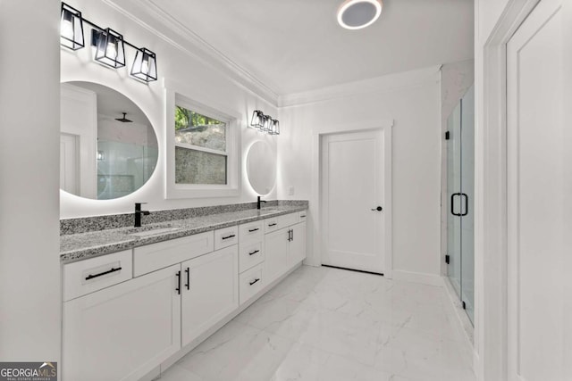 bathroom with crown molding, a shower with door, vanity, and ceiling fan