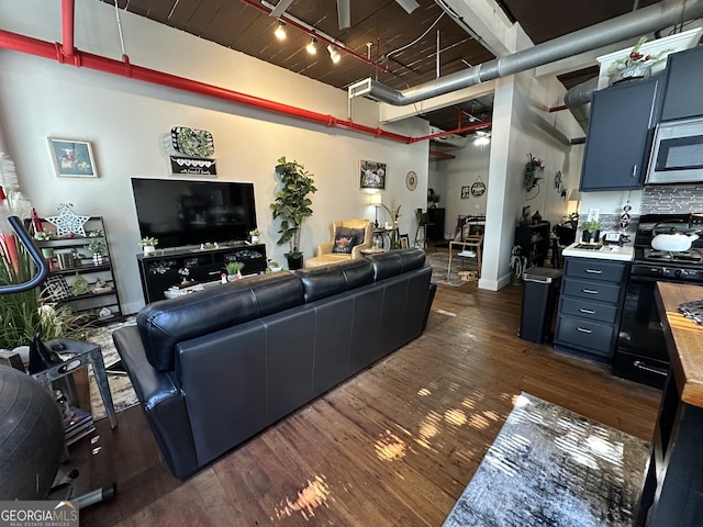 living room featuring dark hardwood / wood-style flooring and track lighting