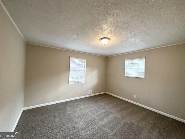 carpeted empty room with a healthy amount of sunlight, crown molding, and a textured ceiling