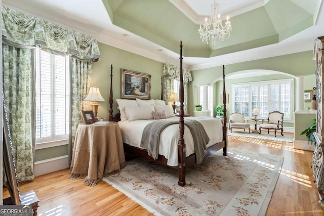 bedroom featuring a tray ceiling, multiple windows, and light hardwood / wood-style flooring