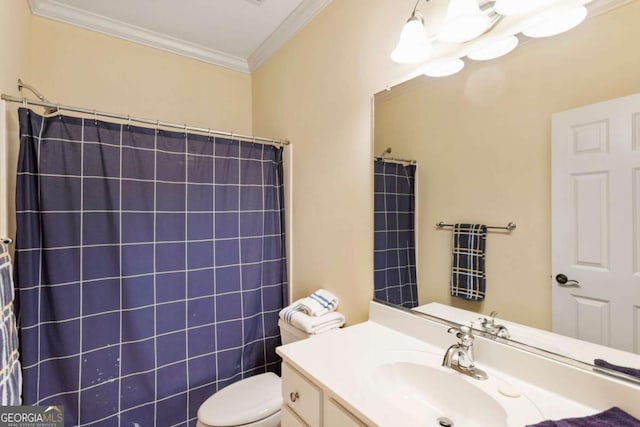 bathroom featuring a shower with curtain, vanity, toilet, and ornamental molding