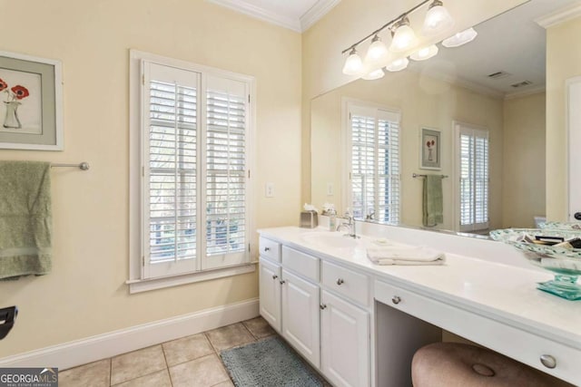 bathroom featuring vanity, tile patterned floors, and ornamental molding