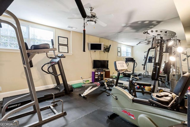 exercise area with ceiling fan and a wealth of natural light