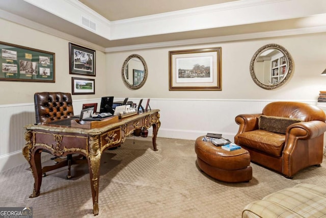 carpeted office featuring ornamental molding