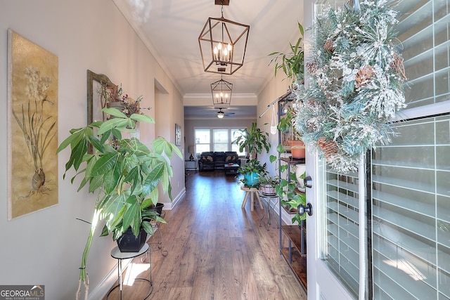 corridor featuring crown molding, a chandelier, and dark hardwood / wood-style floors