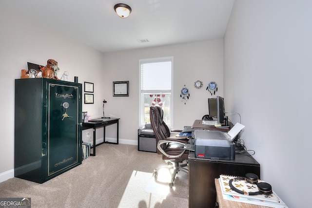 home office with light colored carpet