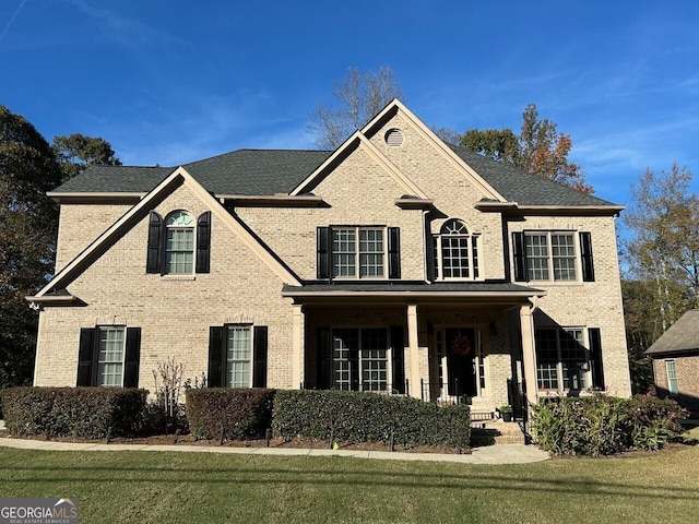 view of front of house with covered porch and a front yard