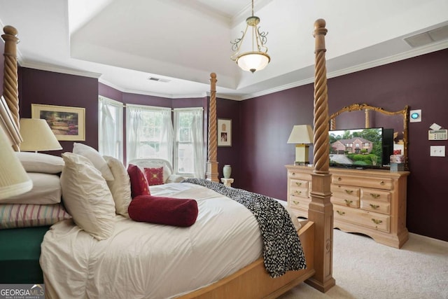 carpeted bedroom featuring crown molding and a tray ceiling