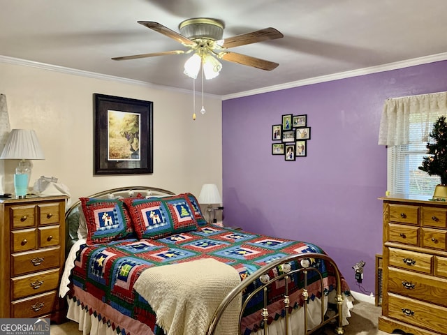 bedroom with carpet floors, ceiling fan, and ornamental molding