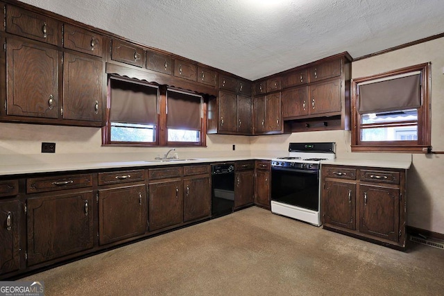 kitchen with white range with gas stovetop, dark brown cabinetry, a wealth of natural light, and dishwasher