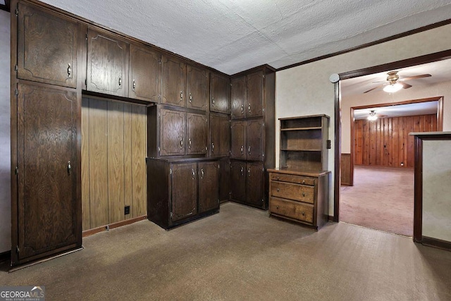 interior space with light carpet, wooden walls, ceiling fan, a textured ceiling, and dark brown cabinetry