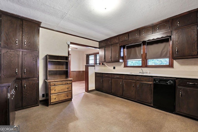 kitchen featuring dark brown cabinetry, sink, a textured ceiling, and black dishwasher