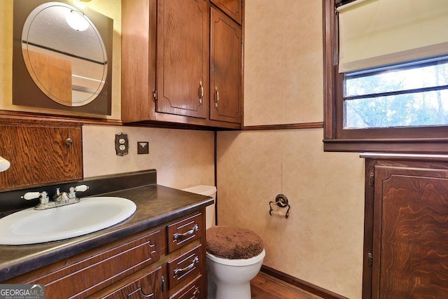 bathroom with hardwood / wood-style floors, vanity, and toilet