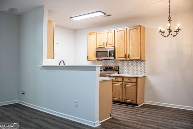 kitchen with backsplash, hanging light fixtures, dark hardwood / wood-style floors, kitchen peninsula, and stainless steel appliances