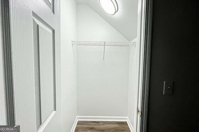 spacious closet with wood-type flooring and lofted ceiling