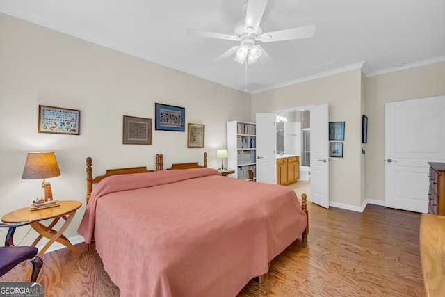 bedroom with ornamental molding, ensuite bathroom, ceiling fan, and light hardwood / wood-style floors