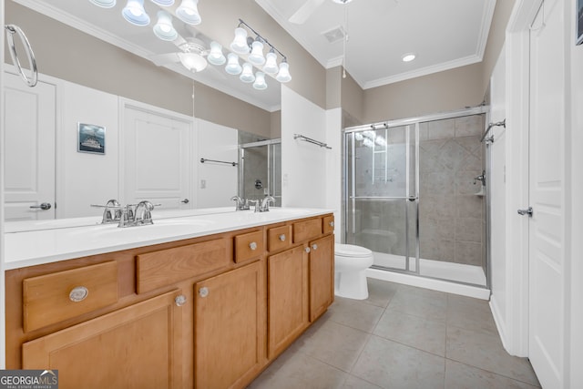 bathroom with vanity, tile patterned floors, ceiling fan, ornamental molding, and a shower with shower door