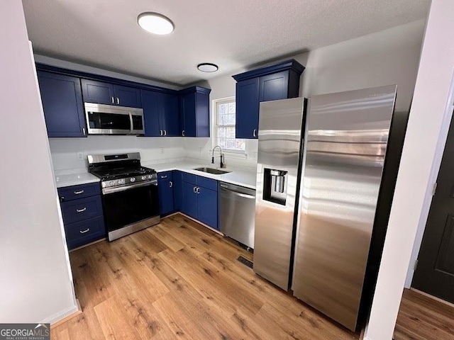 kitchen with sink, blue cabinets, stainless steel appliances, and light wood-type flooring