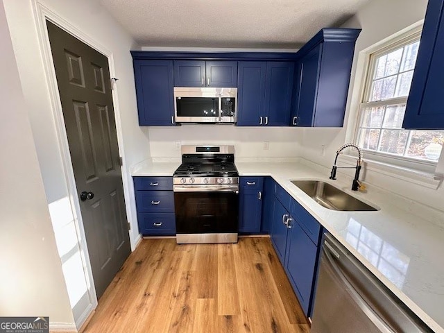 kitchen featuring stainless steel appliances, blue cabinets, and sink