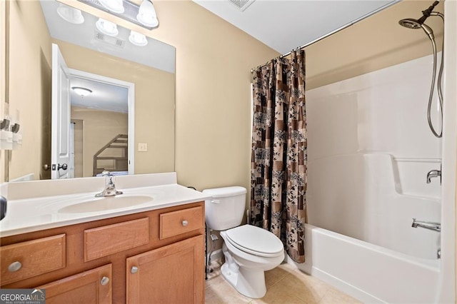 full bathroom with toilet, tile patterned flooring, vanity, and shower / tub combo with curtain