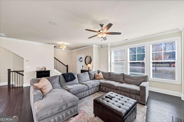 living room with ceiling fan, dark hardwood / wood-style flooring, and crown molding