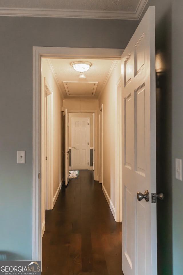 hall with dark hardwood / wood-style flooring, a textured ceiling, and ornamental molding